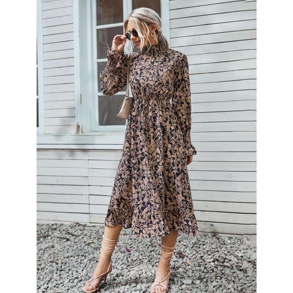 BohoGypsyDreamer.com Dresses & Skirts - ❗️ Floral Print Shirred long Sleeve Ruffle Hem midi Dress tan black boho